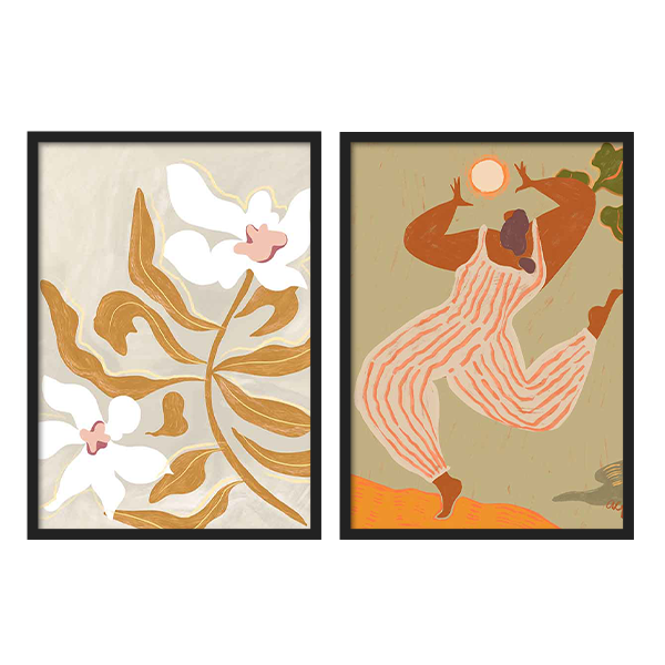 Conjunto de dos cuadros ilustrativos con flores y figura femenina levantando el sol. kudeko.com
