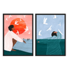 Conjunto de dos cuadros ilustrados con mujeres en escenas serenas junto al mar, kudeko.com\n