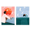 Conjunto de dos cuadros ilustrados con mujeres en escenas serenas junto al mar, kudeko.com
