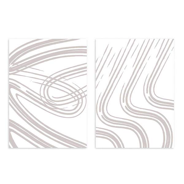 Ensemble de deux tableaux abstraits avec lignes courbes et ondulées beige doux sur fond blanc, dans un style minimaliste et épuré pour une décoration murale encadrée. Disponible sur kudeko.com