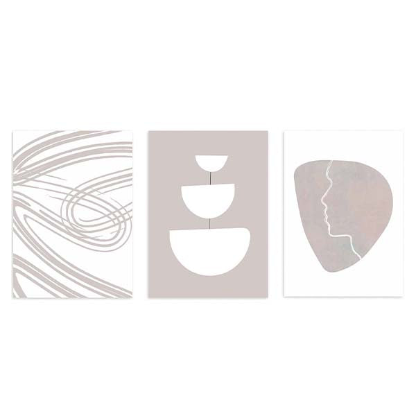 Conjunto de tres cuadros con líneas curvas beige, formas semicirculares blancas y rostro abstracto sobre tonos topo, de estilo abstracto. Disponible en kudeko.com