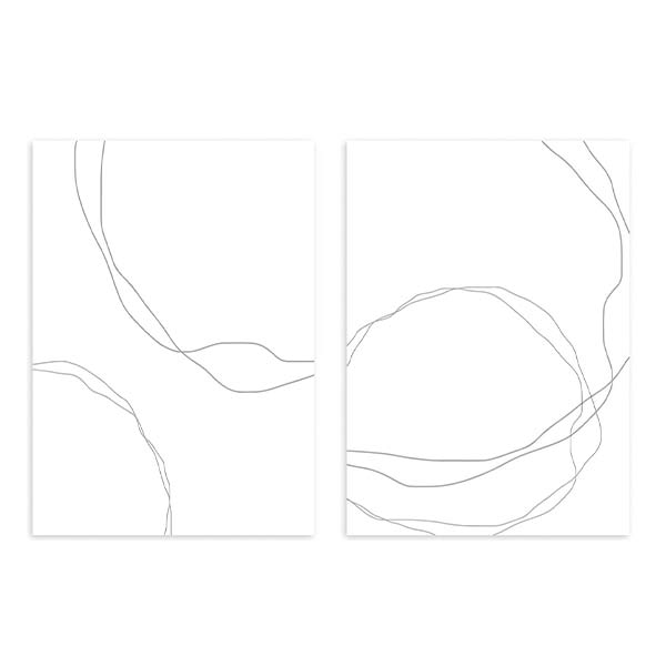Conjunto de dois quadros com linhas orgânicas finas em cinzento suave sobre fundo branco, composição limpa, equilibrada e estilo minimalista para interiores contemporâneos. Disponível em kudeko.com