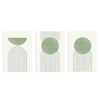 Conjunto de tres cuadros con arcos lineales negros, círculo y semicírculo en verde salvia sobre fondo claro, de estilo geométrico. Disponible en kudeko.com