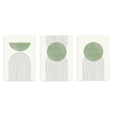 Conjunto de tres cuadros con arcos lineales negros, círculo y semicírculo en verde salvia sobre fondo claro, de estilo geométrico. Disponible en kudeko.com
