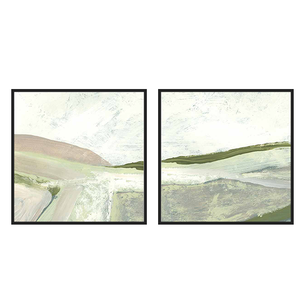 Conjunto de dos cuadros cuadrados abstractos de paisajes suaves en tonos verdes y tierra, tienda kudeko.com