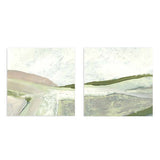 Conjunto de dos cuadros cuadrados abstractos de paisajes suaves en tonos verdes y tierra, tienda kudeko.com