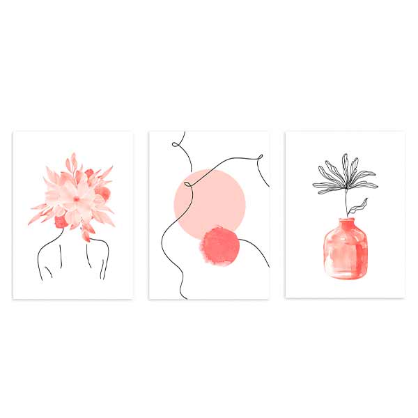 Conjunto de tres cuadros con flor coral sobre silueta femenina, composición abstracta de círculos rosados y jarrón con flor lineal negra, en estilo abstracto. Disponible en kudeko.com