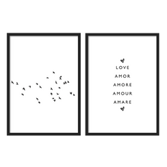 Conjunto de dois quadros com aves negras em voo, palavras LOVE, AMOR, AMORE, AMOUR e AMARE sobre fundo branco, em estilo minimalista e contemporâneo. Disponível em kudeko.com