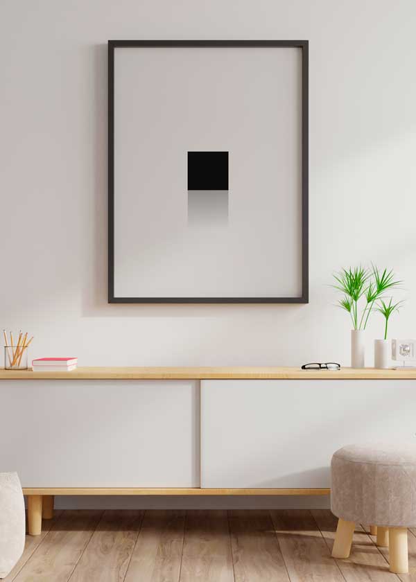 Decoración con cuadros, ideas -  cuadro geométrico y minimalista de cuadrado negro y fondo blanco. Lámina decorativa.