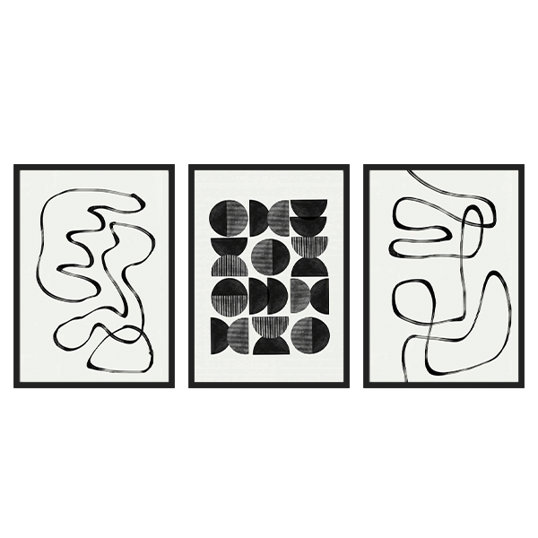 conjunto de cuadros y láminas decorativas de ilustraciones abstractas en blanco y negro - kudeko