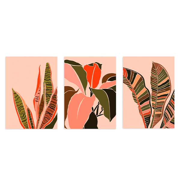 Ensemble de trois tableaux avec feuilles tropicales allongées et larges en rouge corail, vert olive, rose doux et noir, dans une composition botanique au style floral sur fond clair. Disponible sur kudeko.com