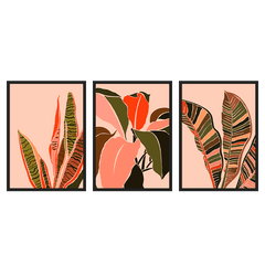 Set aus drei Wandbildern mit langen und breiten tropischen Blättern in Korallenrot, Olivgrün, Zartrosa und Schwarz, als botanische Komposition im floralen Stil auf hellem Hintergrund. Erhältlich auf kudeko.com