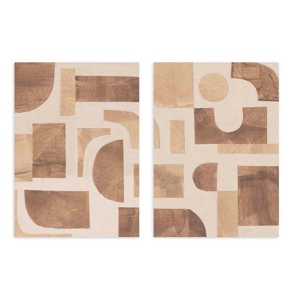 Conjunto de dos cuadros con formas geométricas abstractas en tonos beige, arena y marrón sobre fondo claro, composición equilibrada de estilo abstracto. Disponible en kudeko.com