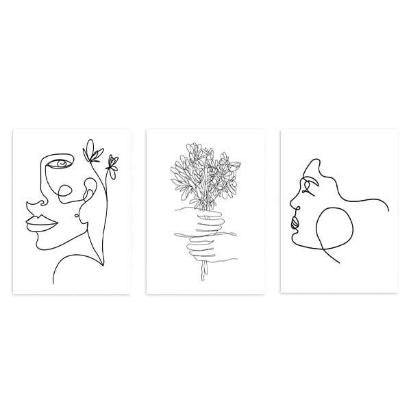 Ensemble de trois tableaux avec visages féminins en trait continu, bouquet de fleurs tenu par des mains, couleurs noir et blanc, style minimaliste et contemporain. Disponible sur kudeko.com