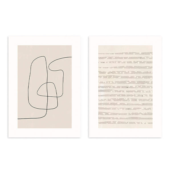 Ensemble de deux tableaux avec formes abstraites, ligne continue, bandes beige sur fond crème, détails noirs et style épuré contemporain. Disponible sur kudeko.com