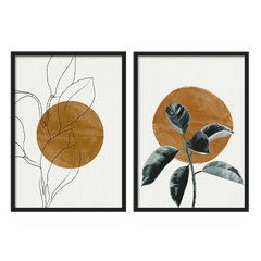 Ensemble de deux tableaux avec cercle ocre, feuilles noires au trait fin, plante en vert grisâtre, fond clair et style minimaliste équilibré pour décoration murale. Disponible sur kudeko.com