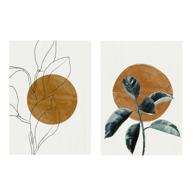 Conjunto de dos cuadros decorativos sin marco de estilo minimalista y orgánico, dúo botánico minimalista con sol ocre, modelo Two Combo - Sun & Plant