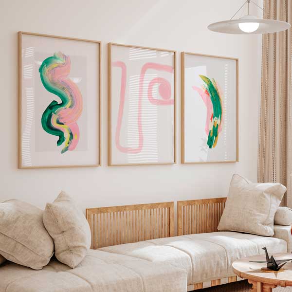 decoración con cuadros, ideas - conjunto de cuadros coloridos en estilo acuarela - kudeko