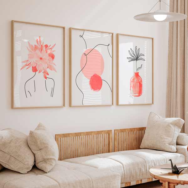 decoración con cuadros, ideas - conjunto de cuadros de ilustraciones abstractas en tonos rosas, mujer y flores - kudeko