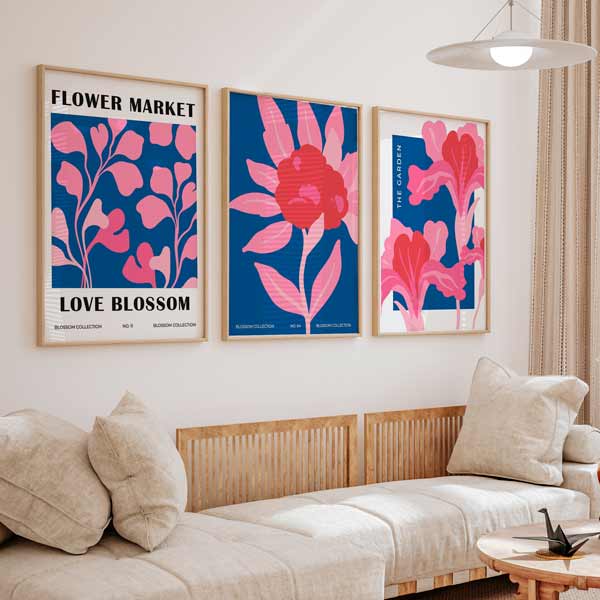 decoración con cuadros, ideas - conjunto de cuadros florales y coloridos, ilustraciones - kudeko