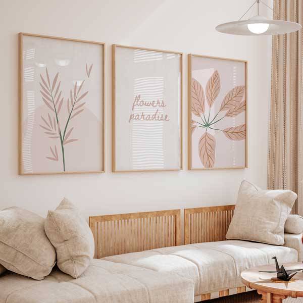 decoración con cuadros, ideas - conjunto de cuadros, ilustraciones florales en estilo nórdico - kudeko