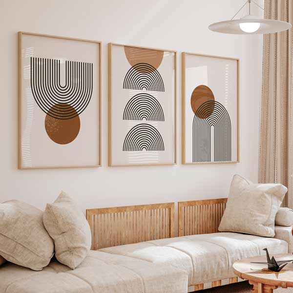 decoración con cuadros, ideas - conjunto de tres cuadros con ilustraciones geométricas y minimalistas - kudeko