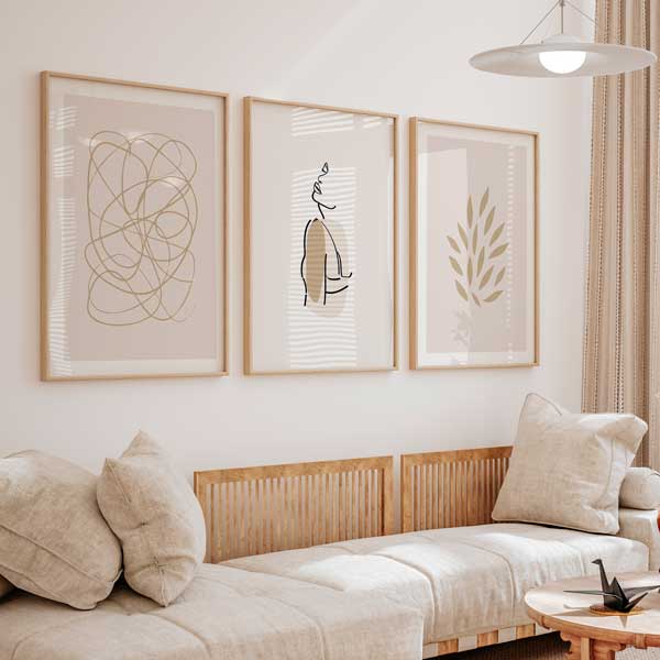 decoración con cuadros, ideas - conjunto de cuadros nórdicos, ilustraciones abstractas - kudeko