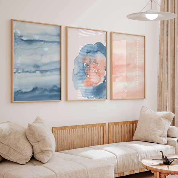 decoración con cuadros, ideas - conjunto de cuadros coloridos y abstractos estilo watercolor - kudeko