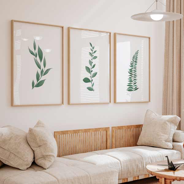 decoración con cuadros, ideas - conjunto de cuadros de flores verdes, ilustraciones de estilo decorativo nórdico - kudeko