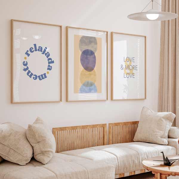 decoración con cuadros, ideas - conjunto de cuadros nórdicos con ilustraciones y frases, tonos claros - kudeko