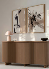 Conjunto de dois quadros com composição abstrata em branco, preto e bege rosado, manchas amplas, contrastes suaves, formas sobrepostas e estilo contemporâneo sóbrio. Disponível em kudeko.com