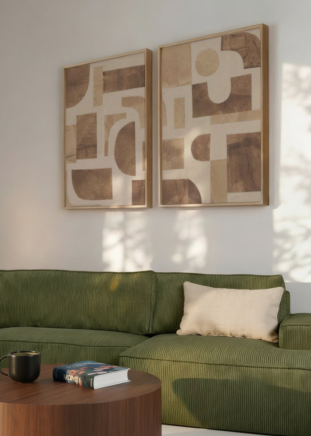 Conjunto de dos cuadros decorativos de estilo minimalista y abstracto, composición abstracta geométrica en tonos tierra, modelo Two Combo - Puzzle