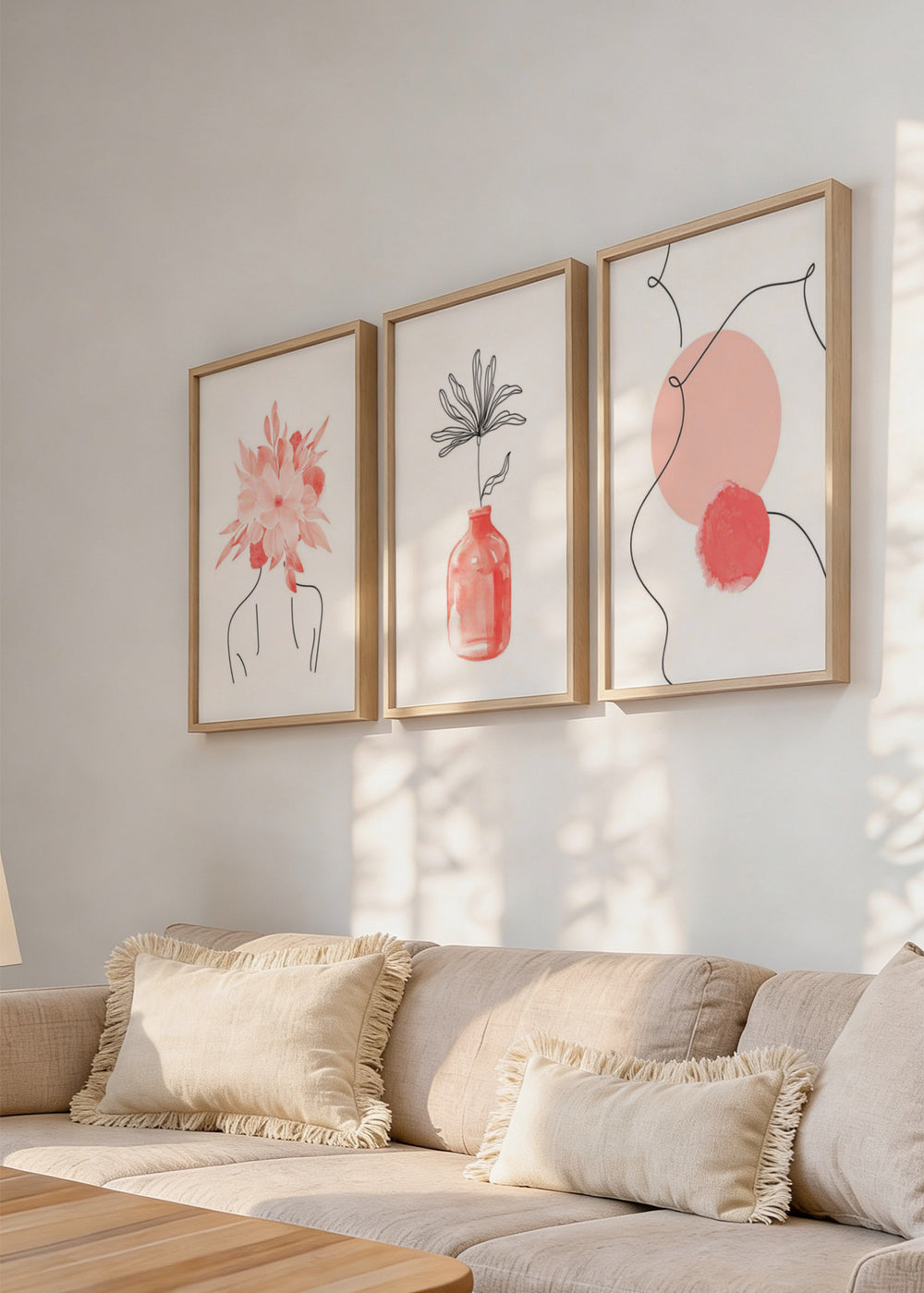 Conjunto de tres cuadros decorativos de estilo abstracto y minimalista, tríptico floral abstracto en rosa pastel, modelo Three Combo - Abstracción Florece