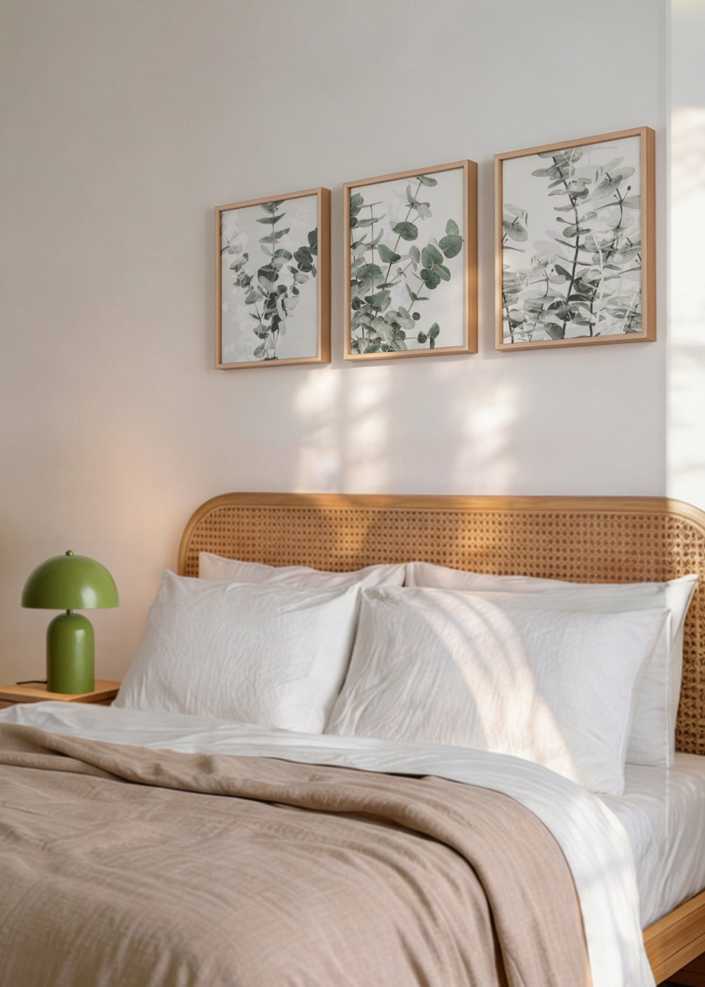 Conjunto de tres cuadros decorativos de estilo minimalista y orgánico, tríptico botánico de eucalipto suave, modelo Three Combo - Eucalipto