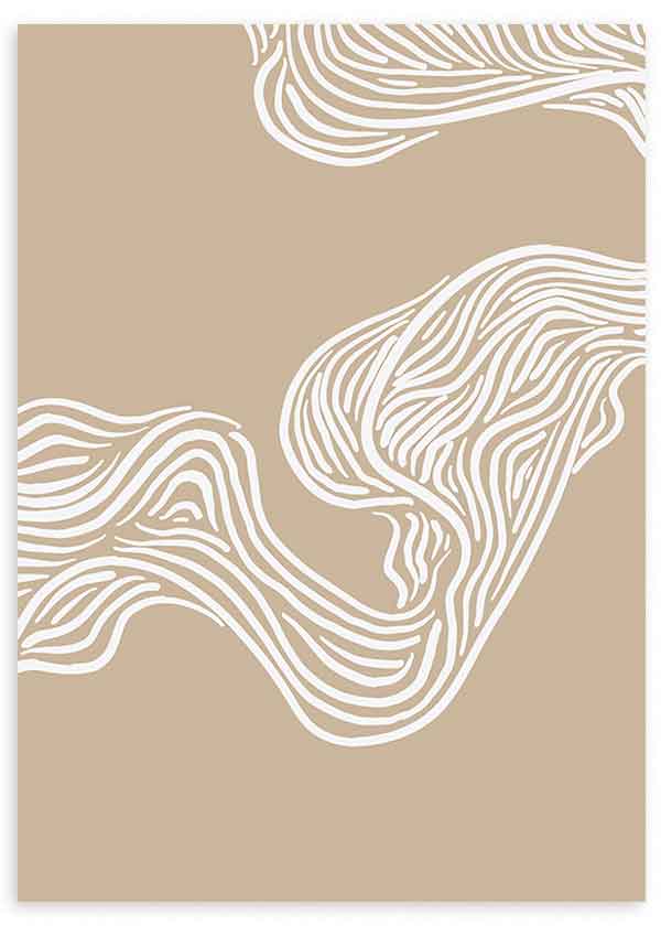 Cuadro con formas orgánicas de líneas blancas fluidas sobre fondo beige cálido, composición abstracta de aspecto sereno y equilibrado, estilo abstracto. Disponible en kudeko.com