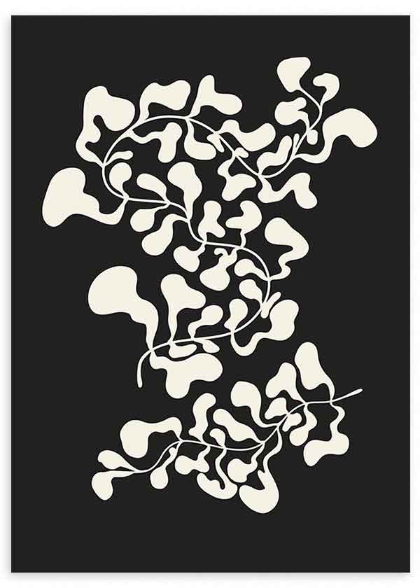 Tableau botanique encadré avec feuilles blanc ivoire, tiges fines courbes, formes organiques sur fond noir et style minimaliste contemporain. Disponible sur kudeko.com