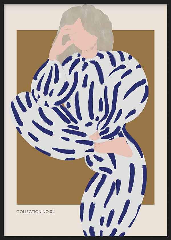 Tableau encadré avec figure féminine stylisée, vêtement blanc à rayures bleues, fond beige et brun, style illustration contemporaine aux lignes douces. Disponible sur kudeko.com