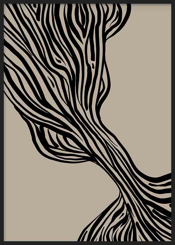 Tableau avec composition abstraite de lignes organiques noires entrelacées sur fond beige, contraste doux et style contemporain épuré pour décoration murale. Disponible sur kudeko.com
