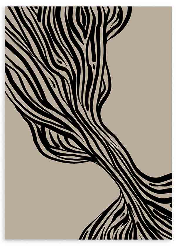 Tableau avec composition abstraite de lignes organiques noires entrelacées sur fond beige, contraste doux et style contemporain épuré pour décoration murale. Disponible sur kudeko.com