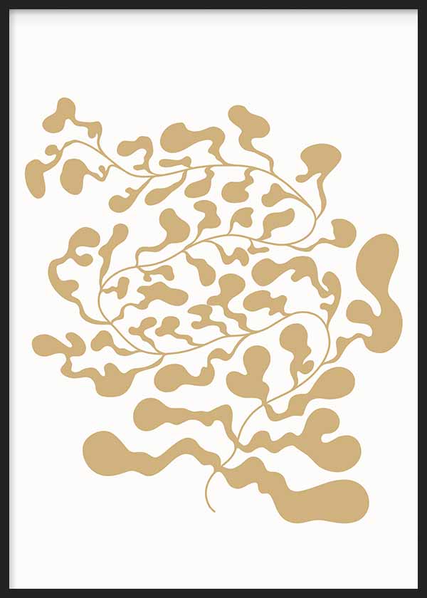 Tableau encadré avec plante abstraite aux formes organiques sinueuses, beige sable sur fond blanc, composition légère au style minimaliste et naturel. Disponible sur kudeko.com