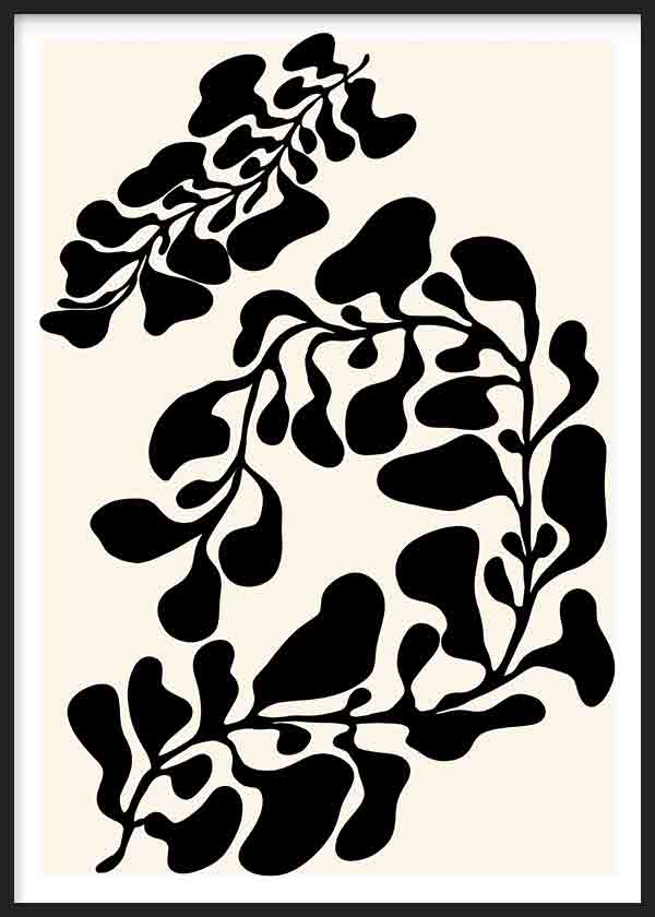 Tableau encadré avec formes botaniques noires, feuilles organiques sinueuses sur fond crème, composition minimaliste au contraste marqué et style contemporain épuré. Disponible sur kudeko.com