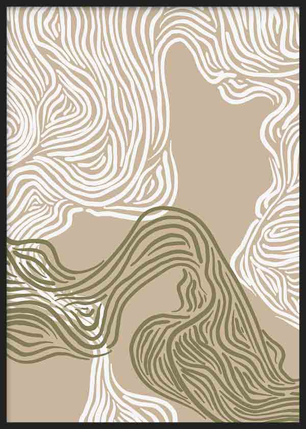 Cuadro con formas abstractas fluidas de líneas onduladas en blanco, beige arena y verde oliva, con composición orgánica de estilo abstracto. Disponible en kudeko.com