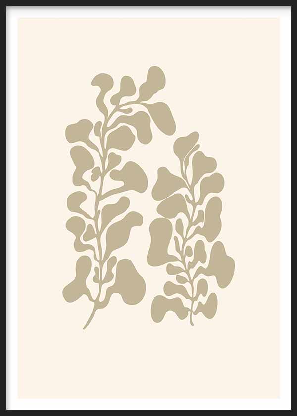 Wandbild mit botanischer Komposition aus zwei Stielen mit organisch geformten Blättern in Taupe-Beige auf cremefarbenem Hintergrund, im minimalistischen und zeitgemäßen Stil. Erhältlich auf kudeko.com