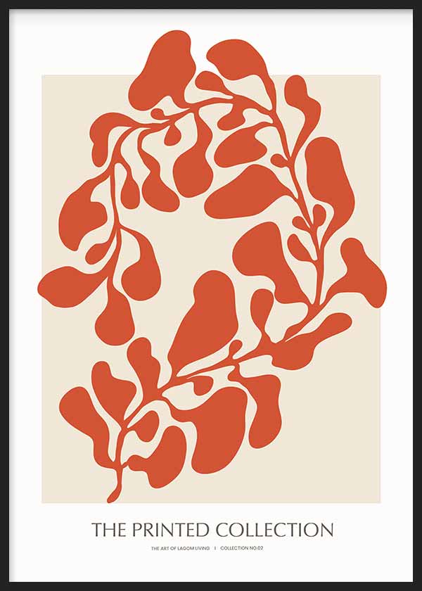 Cuadro con composición botánica abstracta de hojas orgánicas en color terracota sobre fondo crema, con formas fluidas y aspecto contemporáneo de estilo abstracto. Disponible en kudeko.com