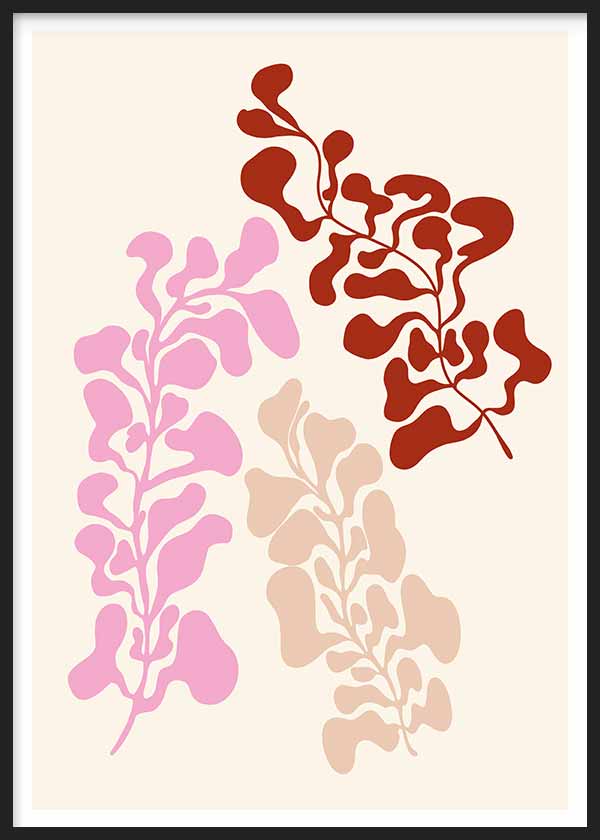 Wandbild mit abstrakter botanischer Komposition aus organischen Formen in Rosa, Terrakotta und Beige auf cremefarbenem Hintergrund, im zeitgenössischen Stil. Erhältlich auf kudeko.com