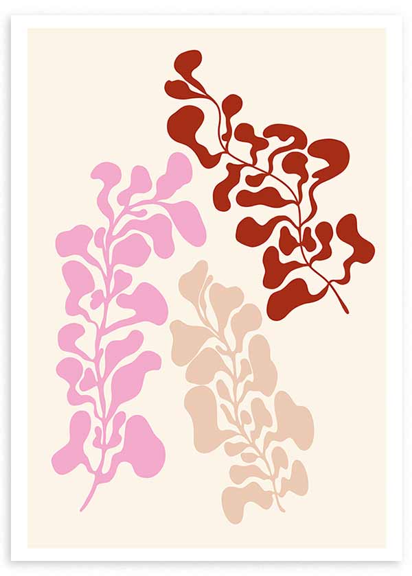 Wandbild mit abstrakter botanischer Komposition aus organischen Formen in Rosa, Terrakotta und Beige auf cremefarbenem Hintergrund, im zeitgenössischen Stil. Erhältlich auf kudeko.com