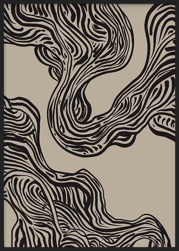 Quadro com formas orgânicas ondulantes a preto sobre fundo bege, linhas fluidas, contraste suave e composição abstrata contemporânea para decoração de parede equilibrada. Disponível em kudeko.com