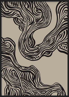 Quadro com formas orgânicas ondulantes a preto sobre fundo bege, linhas fluidas, contraste suave e composição abstrata contemporânea para decoração de parede equilibrada. Disponível em kudeko.com
