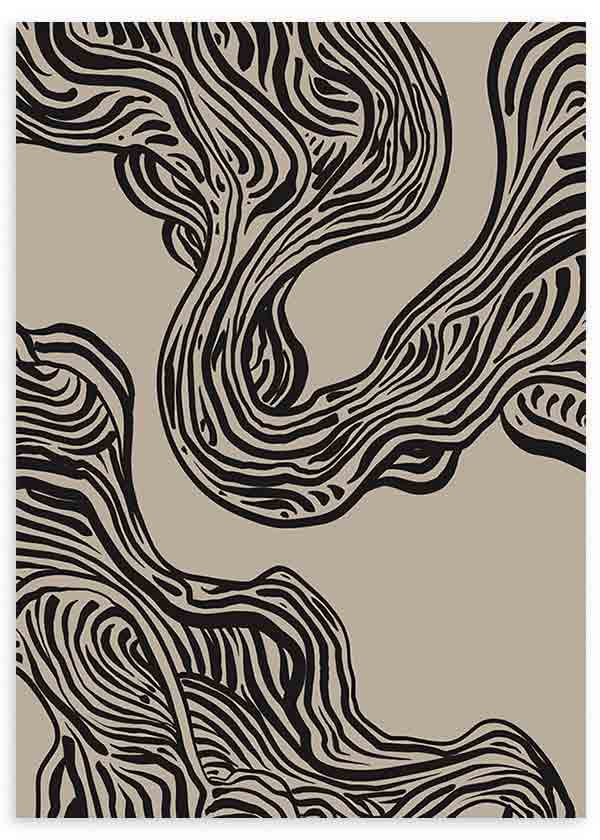 Cuadro de formas orgánicas ondulantes en negro sobre fondo beige, con líneas fluidas, contraste suave y composición abstracta contemporánea. Disponible en kudeko.com
