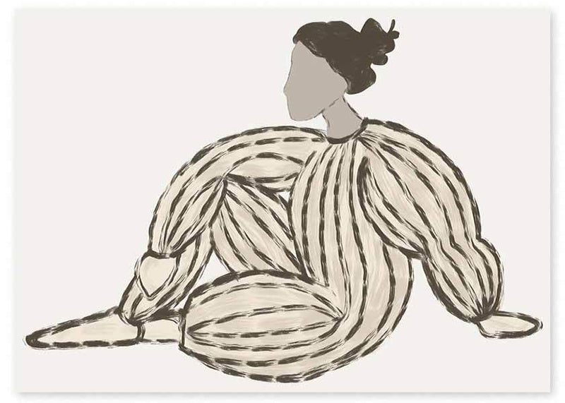 Tableau horizontal avec femme assise, robe à rayures noires et beige, fond clair, lignes épurées et style illustration contemporain pour une décoration murale sobre. Disponible sur kudeko.com